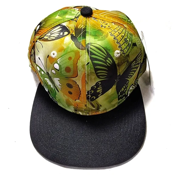 `H25453 NWT Lime & Gold Snapback/Baseball Cap - Floral Butterfly Design - Picture 1 of 4